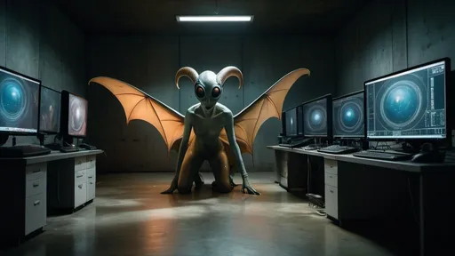 Prompt: detailed full body close-up macro photograph of giant Hieronymus Bosch demons flying in real life, and transparent alien women models smiling psychotically with big eyes inside of a small, stained dim lit concrete room with computers and doctors, clear faces, bleach bypass photography taken by Alex webb, medium format, large format ,shallow depth of field, glowy effect, Ambient Occlusion, prime lenses