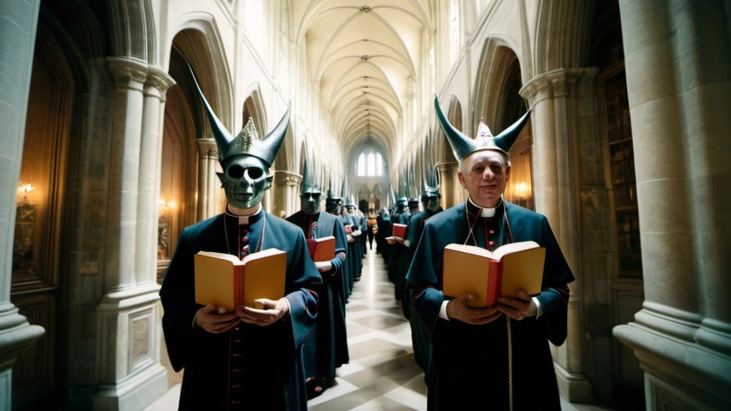 Prompt: fisheye polaroid photo of reptilian Hieronymus Bosch demons with holy books wearing papal tiaras in a hazy cathedral hallway, clear faces , photography taken by Alex webb, medium format, large format ,shallow depth of field, glowy effect, Ambient Occlusion, prime lenses