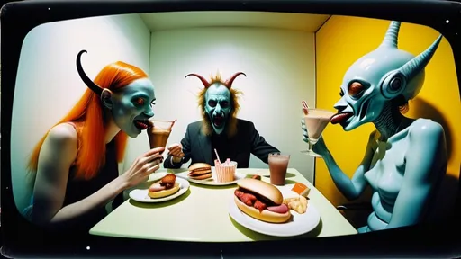 Prompt: full body fisheye polaroid photo of a couple of Hieronymus Bosch hairy demons in real life and psychedelic transparent alien women models and tiny old robots laughing having hotdogs and milkshakes, high resolution photography taken by Alex webb, prime lenses