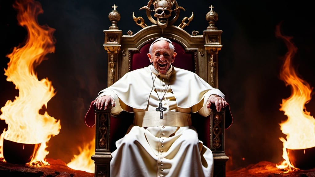 Prompt: cinematic photo of the pope as a demon sitting on a throne in hell with demon bishops laughing with flames