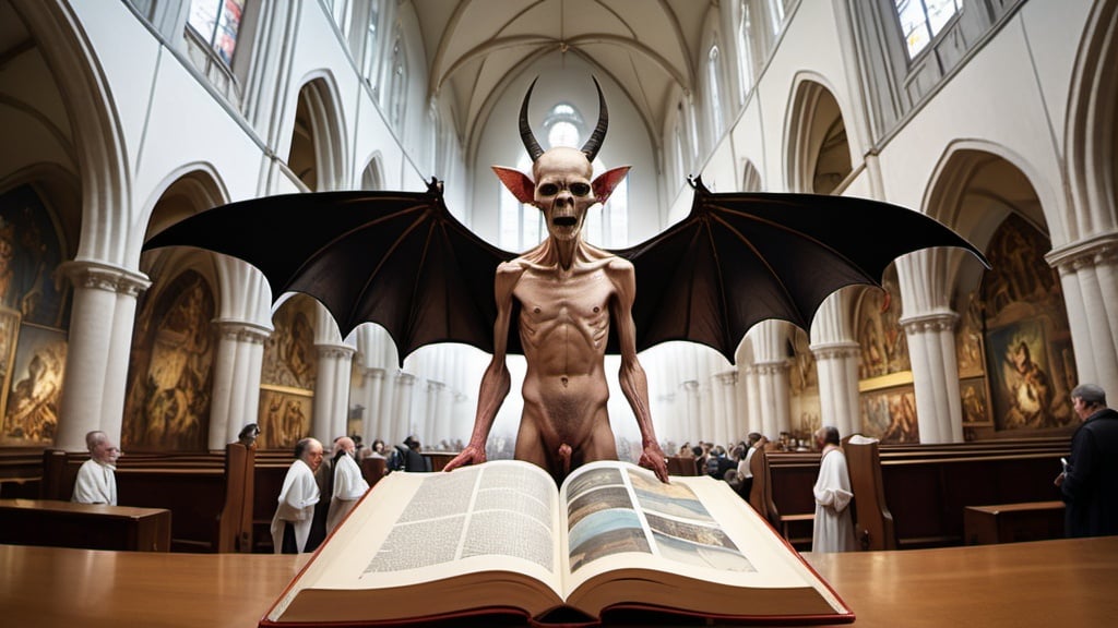 Prompt: full body fisheye cinematic photograph of an emaciated HIERONYMUS BOSCH demon pazuzu with elongated limbs and bat like wings, reading a holy book to the Pope, they are standing in front of a giant quantum computer, inside a huge church with goat paintings, bees and flys, fire and brimstone, professional photography, medium format, large format, prime lenses, shallow depth of field