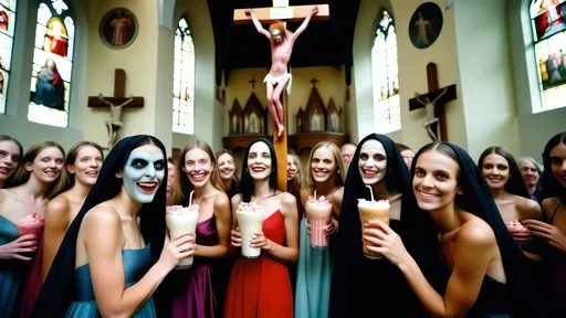 Prompt: full body low angled action portrait photo of holy beautiful female colorful high fashion Hieronymus Bosch demons with clear faces in real life on crucifixes and alien women models smiling with their eyes wide open, in church, with milk shakes, clear faces, high resolution photography taken by Alex webb