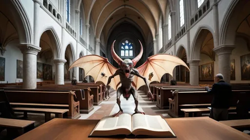 Prompt: full body fisheye cinematic photograph of an emaciated HIERONYMUS BOSCH demon pazuzu with elongated limbs and bat like wings, reading a holy book to the Pope, they are standing in front of a giant quantum computer, inside a huge church with goat paintings, bees and flys, fire and brimstone, professional photography, medium format, large format, prime lenses, shallow depth of field