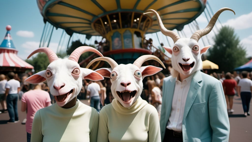 Prompt: full body three quarter angle photograph of Hieronymus Bosch creatures with eyeball wings made of eyes in real life, alien women laughing at each other's white cracked faces, inside an amusement park on a rollercoaster, with goat paintings, having drinks and eating cotton candy, with bees, ufos, clear faces, photography taken by Alex webb, medium format, large format ,shallow depth of field, glowy effect, Ambient Occlusion 