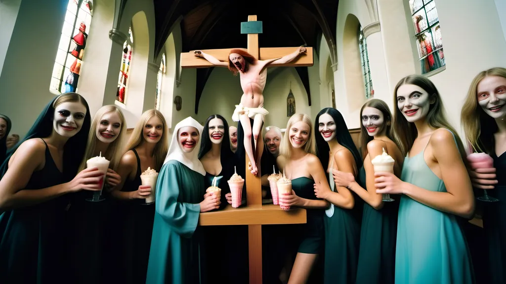 Prompt: full body low angled action portrait photo of holy beautiful female colorful high fashion Hieronymus Bosch demons with clear faces in real life on crucifixes and alien women models smiling with their eyes wide open, in church, with milk shakes, clear faces, high resolution photography taken by Alex webb