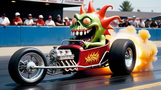 Prompt: full body three quarter angle side view color photograph of the demon monster fink monster laughing sitting in and driving a rat fink dragster hot rod with a giant chrome engine blower sticking out, burning out in real life, clear faces, professional photography taken by Alex webb, medium format, large format , shallow depth of field, glowy effect, Ambient Occlusion 