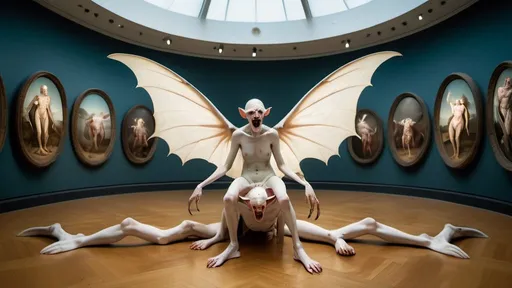 Prompt: full body fisheye photo of a Hieronymus Bosch demons with wings made of realistic eyeballs in real life alien women models clawing each other's white cracked faces, one of them is crying, inside a museum with cow paintings, clear faces, photography taken by Alex webb, medium format, large format ,shallow depth of field, glowy effect, Ambient Occlusion 