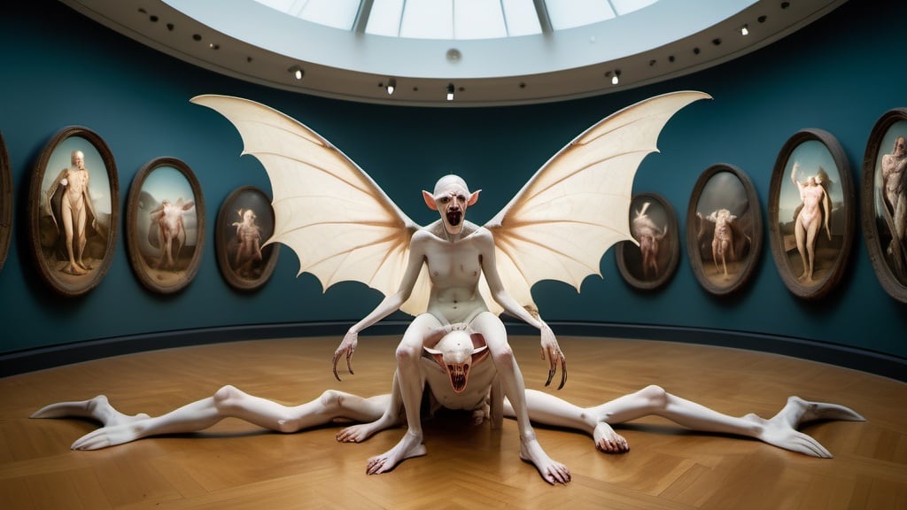 Prompt: full body fisheye photo of a Hieronymus Bosch demons with wings made of realistic eyeballs in real life alien women models clawing each other's white cracked faces, one of them is crying, inside a museum with cow paintings, clear faces, photography taken by Alex webb, medium format, large format ,shallow depth of field, glowy effect, Ambient Occlusion 