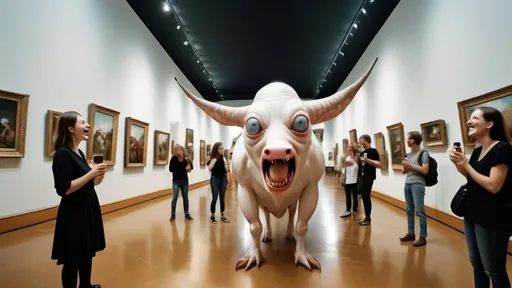 Prompt: full body fisheye photo of a Hieronymus Bosch creatures with wings made of realistic eyeballs in real life alien women models laughing each other's white cracked faces, inside a museum with cow paintings, having drinks, clear faces, photography taken by Alex webb, medium format, large format ,shallow depth of field, glowy effect, Ambient Occlusion 