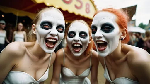 Prompt: full body fisheye photo of a Hieronymus Bosch creatures in real life alien women models laughing each other's white cracked faces, at a carnival, clear faces, photography taken by Alex webb, medium format, large format ,shallow depth of field, glowy effect, Ambient Occlusion 