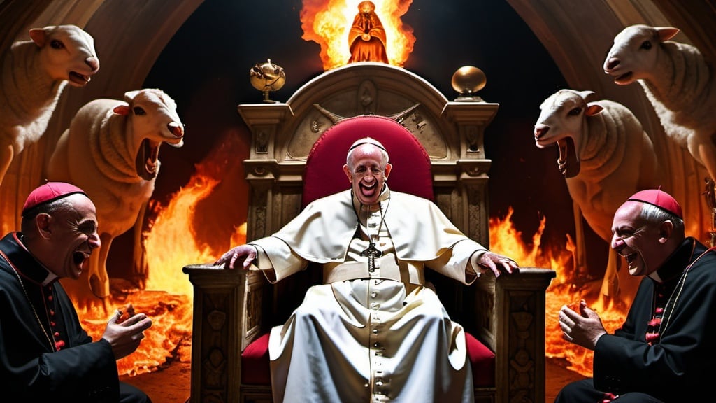 Prompt: cinematic fisheye photograph of the pope laughing sitting on a throne in Hell, with demon bishops showing the flat earth under a dome with a lamb sacrifice, fire and flames and women