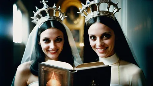 Prompt: extreme closeup polaroid photo of dark Hieronymus Bosch demons with holy books wearing papal tiaras in real life and transparent alien women models smiling psychotically with big eyes in a hazy hallway, clear faces , photography taken by Alex webb, medium format, large format ,shallow depth of field, glowy effect, Ambient Occlusion, prime lenses