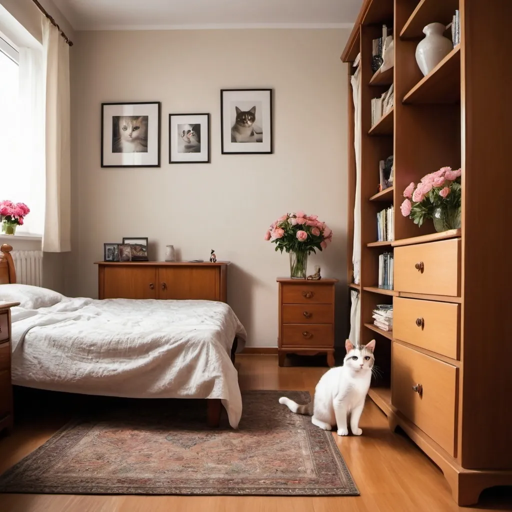 Prompt: A Cat under the bed. Vase of flowers on the table. 4 pictures on the wall. A bookshelf next to the wardrobe.