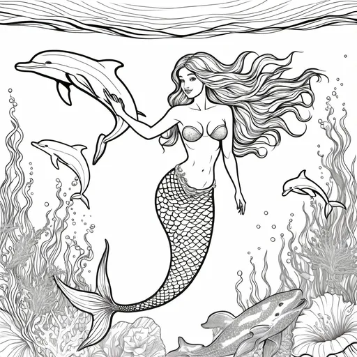 Prompt: mermaid and dolphins in the ocean.Black and white line.Coloring book.