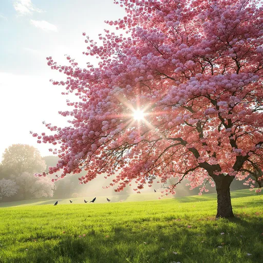 Prompt: sunlight peaking through the branches of a cherry blossom tree in the morning as birds jump around on the field nearby.