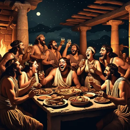 Prompt: An image of people in ancient times feasting and drinking, partying at night getting drunk and laughing.
