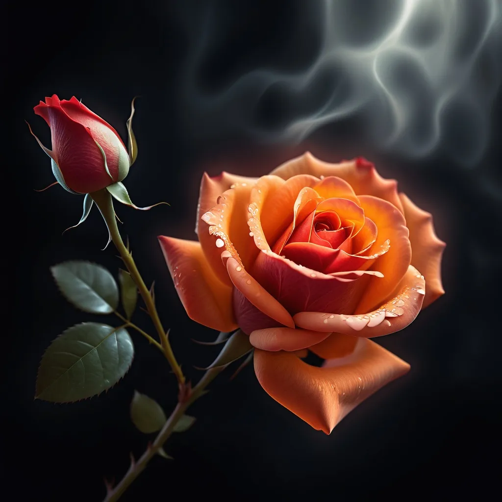 Prompt: A red rose floating in the air, glowing softly of a fiery orange color.