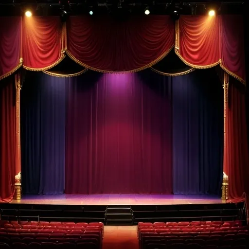 Prompt: A large, purple, blue, red, and gold curtain for performing arts overarches the well lit stage. There is an audience of people standing up clapping. The seats look red.