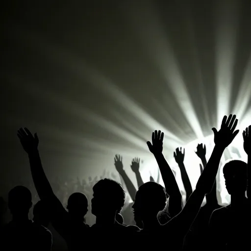 Prompt: A shadowy silhouette of a crowd of people clapping.