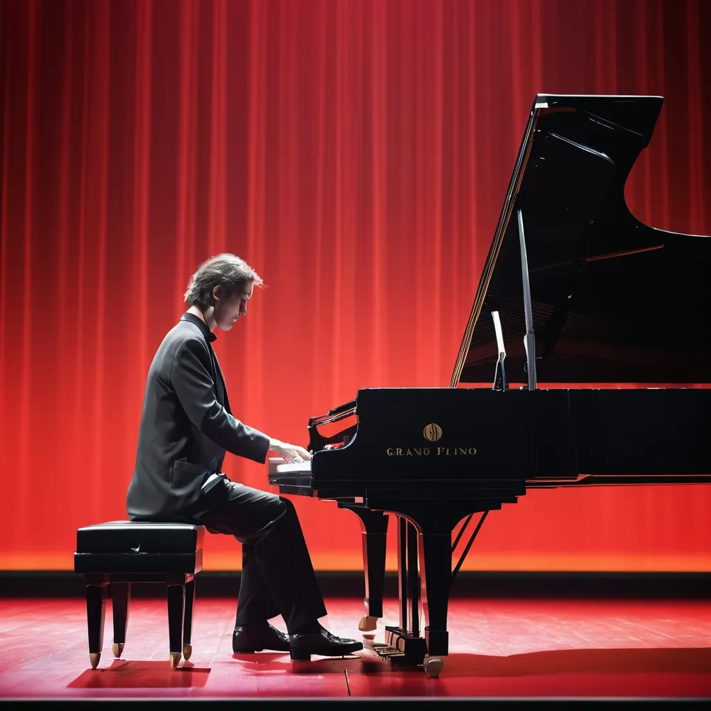 Prompt: A pianist performing on a black grand piano on a red stage.