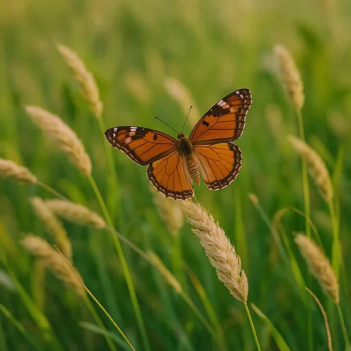 Prompt: A butterfly lands on a stalk of tall grass among the tall grass field.