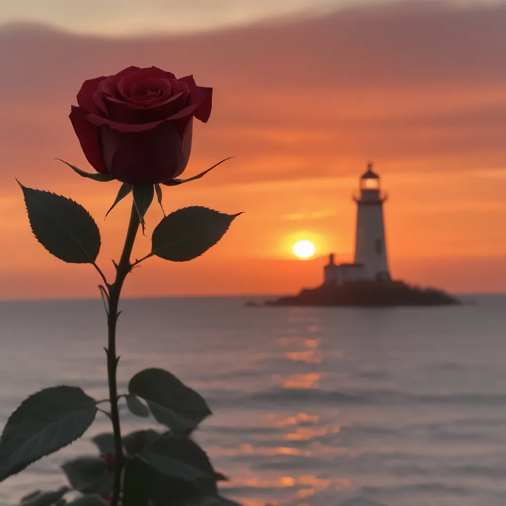 Prompt: A red rose partially blocks a sunset as it takes the center of the image. The skies are partially overcast, and the sunset is a prominent orange in the sky. There is a shadowed silhouette of a couple kissing in the background behind the rose. In the background, a vast expanse of the sea can be seen with a lighthouse in the far distance.