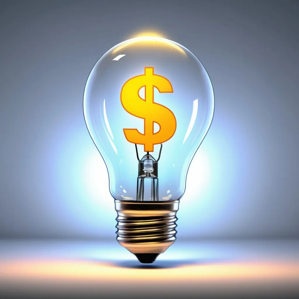 Prompt: A transparent lightbulb with a very bright dollar sign shining inside.