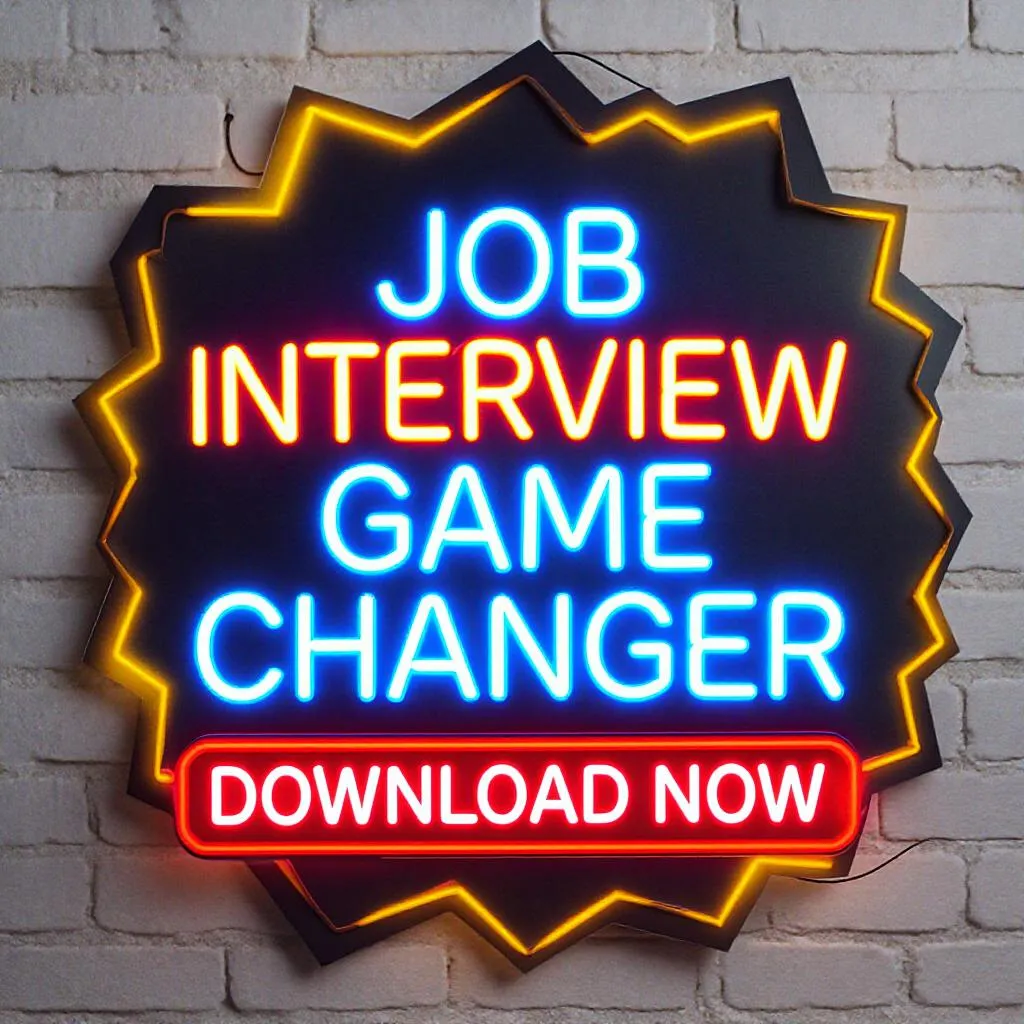 Prompt: A flash neon sign states the words - Job Interview Game Changer Download Now