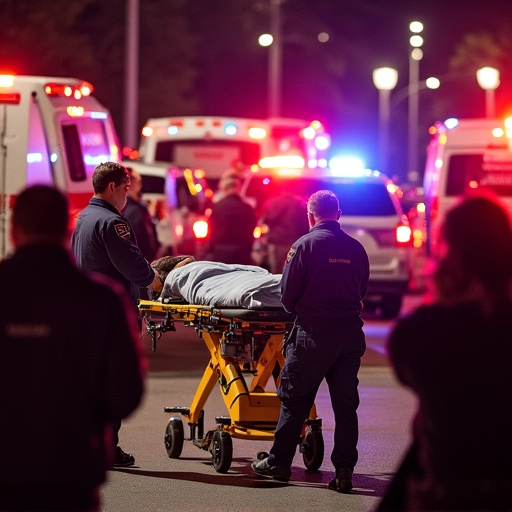 Prompt: Multiple ambulances and a stretcher carrying an unconscious person is being transported to the back by EMS personnel. It is at night and there are bystanders with their face cupped in their hands.
