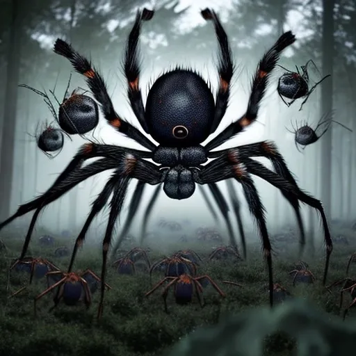 Prompt: A horde of giant spiders are forming en masse in a forest. The skies are a greyish blue of dusk. There is a lone marine in camouflage with his gun sights on these spiders which are coming for him.