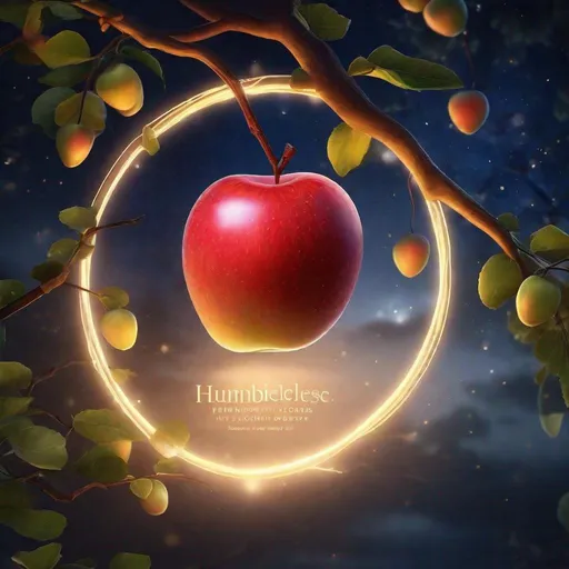 Prompt: ultra realistic, zoom in view, 3d rendered image, a single glowing apple fruit with word "humbleness" inside the fruit stick on undisorted fantasy tree branch, night sky, fireflies, night fog, digital illustration, sakimichan style, 4k, high res,