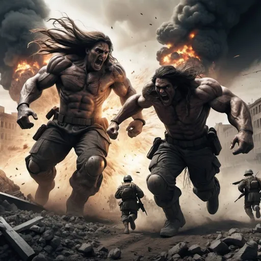 Prompt: realistic image of war apocalypse with two 40 meters giants long hair hitting each other; soldiers running in the background
