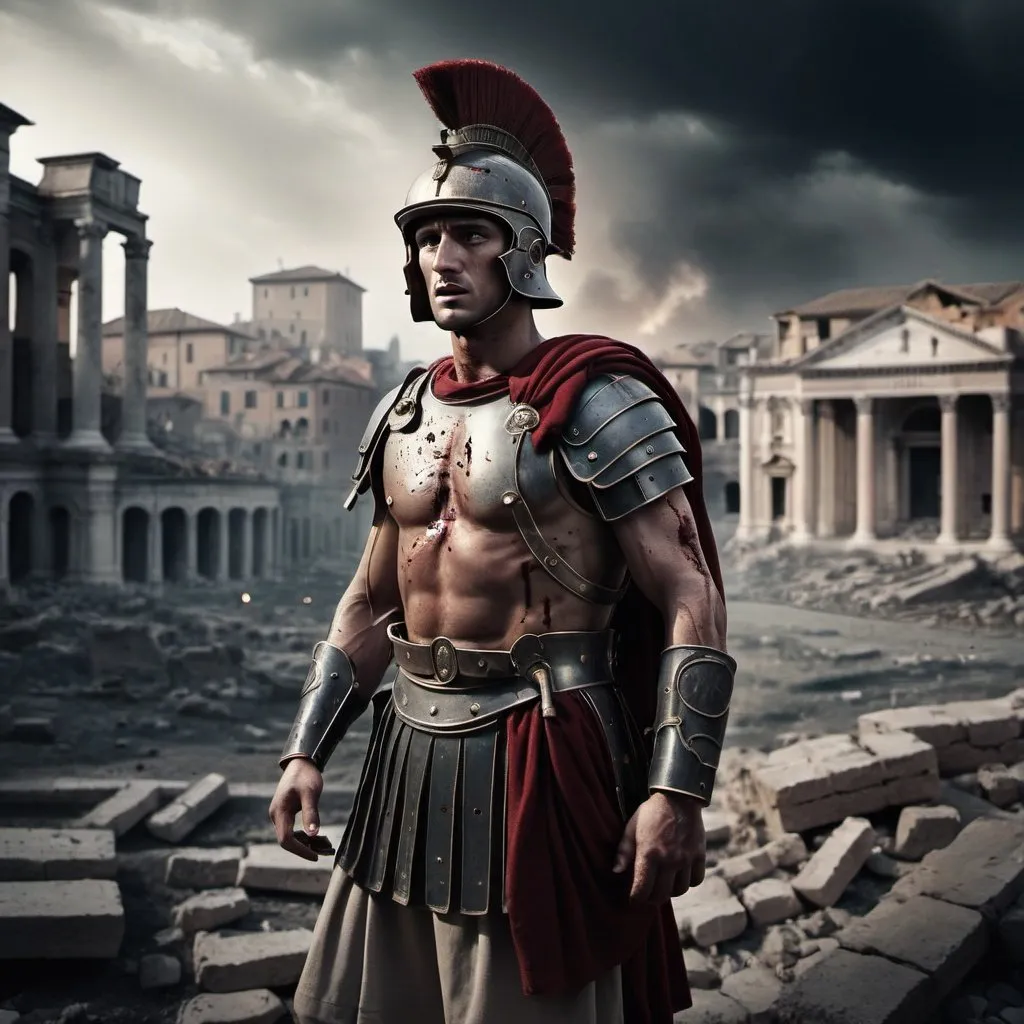 Prompt: wide view of roman soldier wounded; destroyed city; dark tone