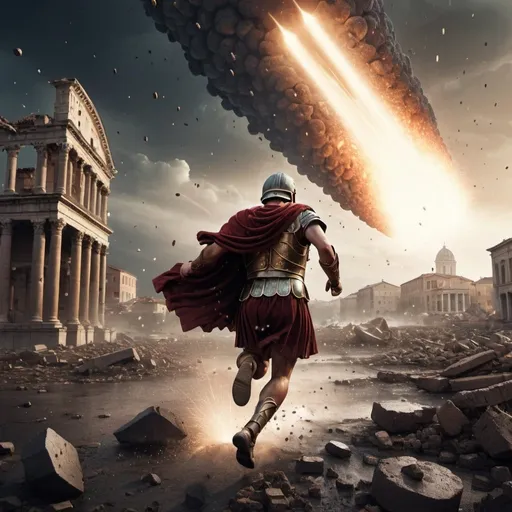 Prompt: wide view of roman soldier running from meteor rain; destroyed city