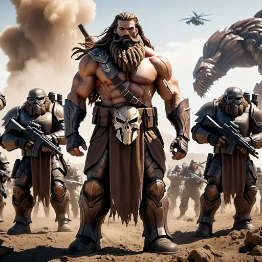 Prompt: ultra wide view; realistic image two mega sized giants standing side by side wearing brown apocalypse armor beard and long hair and scarf; surrounded by small armed apocalypse soldiers in the background