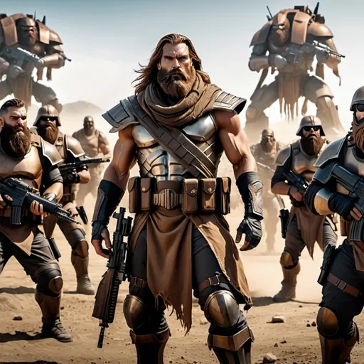 Prompt: ultra wide view; realistic image two giants wearing brown apocalypse armor beard and long hair and scarf; surrounded by small armed apocalypse soldiers in the background