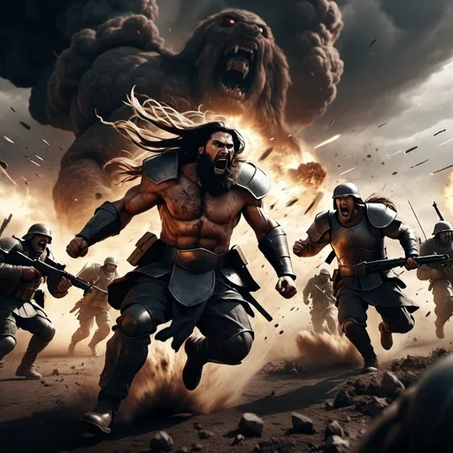 Prompt: realistic image of epic battle apocalypse with mega sized two giants long hair hitting each other; armed soldiers running in the background; dark tone