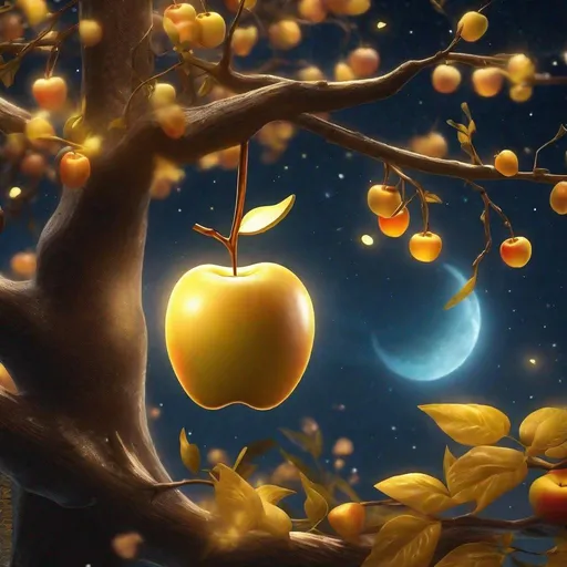 Prompt: ultra realistic, zoom in view, 3d rendered image, perfect shape, a single glowing golden apple fruit with word "humbleness" inside the fruit stick on undisorted fantasy tree branch, night sky, fireflies, night fog, digital illustration, sakimichan style, 4k, high res,