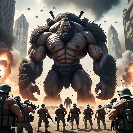 Prompt: realistic image two giants surrounded by small armed apocalypse soldiers