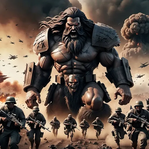 Prompt: wide zoomed view; ultra realistic image of mega sized two giants long hair standing surrounded by small armed soldiers running; war apocalypse in the background; dark tone; gradient sky