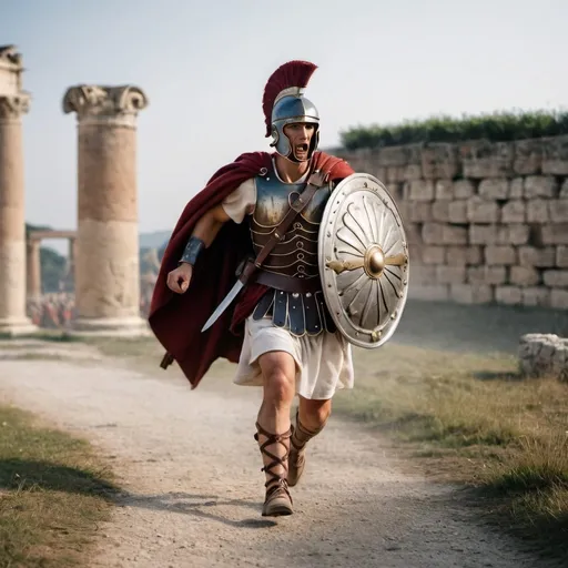 Prompt: wide view roman soldier running holding sword and shield