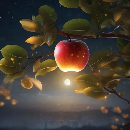 Prompt: ultra realistic, zoom in view, 3d rendered image, a single glowing apple fruit with word "humbleness" inside the fruit stick on undisorted fantasy tree branch, night sky, fireflies, night fog, digital illustration, sakimichan style, 4k, high res,