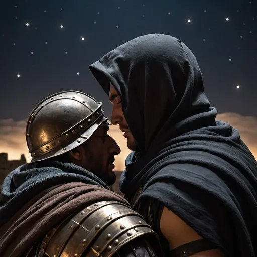 Prompt: shot from behind; black hooded man wearing scarf whispers to an armored roman soldier's ear in an ancient roman camp; realistic dark night sky; sleeping