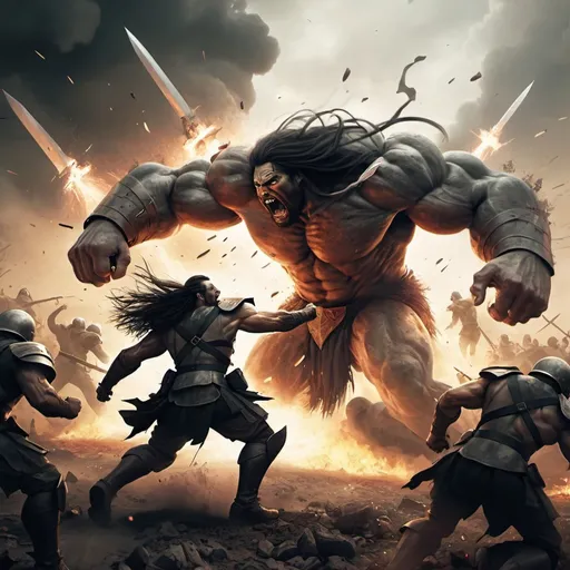 Prompt: digital art image of epic battle apocalypse with two giants long hair hitting each other; soldiers running in the background