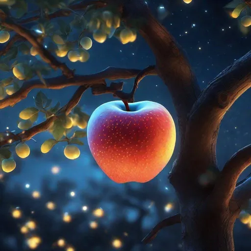 Prompt: ultra realistic, zoom in view, 3d rendered image, perfect shape, a single glowing blue apple fruit with word "humbleness" inside the fruit stick on undisorted fantasy tree branch, night sky, fireflies, night fog, digital illustration, sakimichan style, 4k, high res,