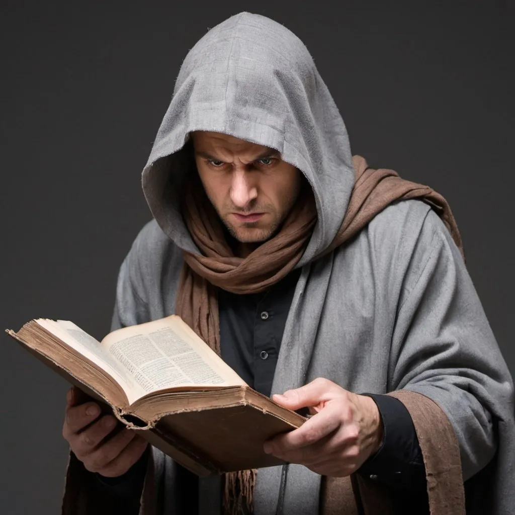 Prompt: man wearing grey ancient hood and brown scarf hand dropping old tome; angry face