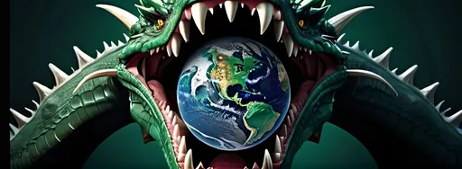 Prompt: realistic image of planet earth inside dragon's mouth; shadow black dragon; dark green tone