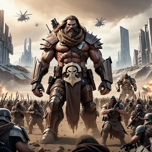Prompt: ultra wide view; realistic image two mega sized giants wearing brown apocalypse armor beard and long hair and scarf; surrounded by small armed apocalypse soldiers in the background