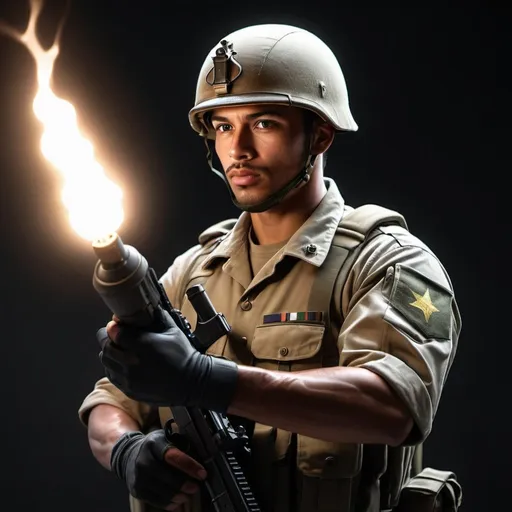 Prompt: hyper realistic image; soldier holding glowing rosario;