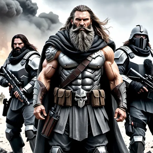 Prompt: realistic image two giants wearing grey apocalypse armor beard and long hair and scarf surrounded by small armed apocalypse soldiers